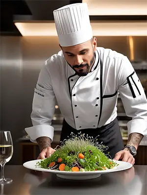 Chef working with microgreens in a kitchen